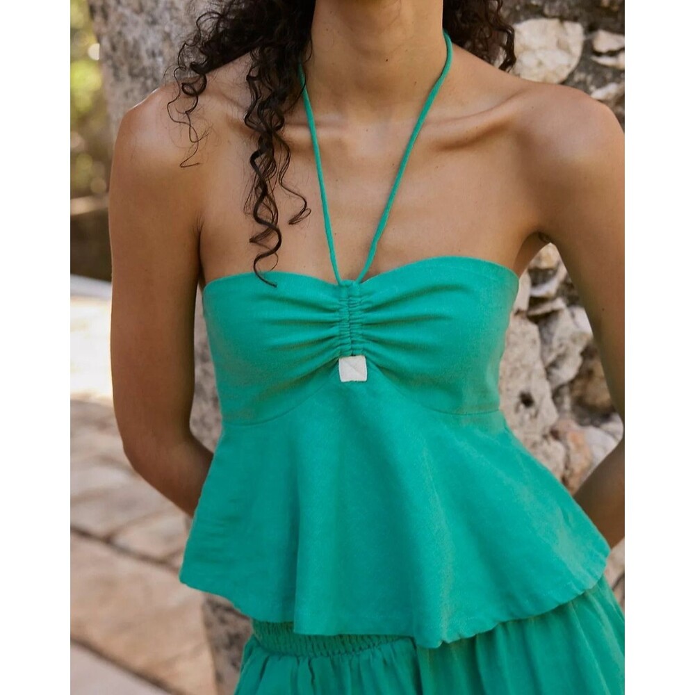 Free People Free-Est Lunasol Cotton-Linen Cropped Top Halter Smocked S 291108